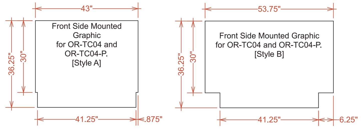 Style A Graphic fills in the front of the counter leaving the counter truss exposed on both sides. Style B Graphic covers the counter front.