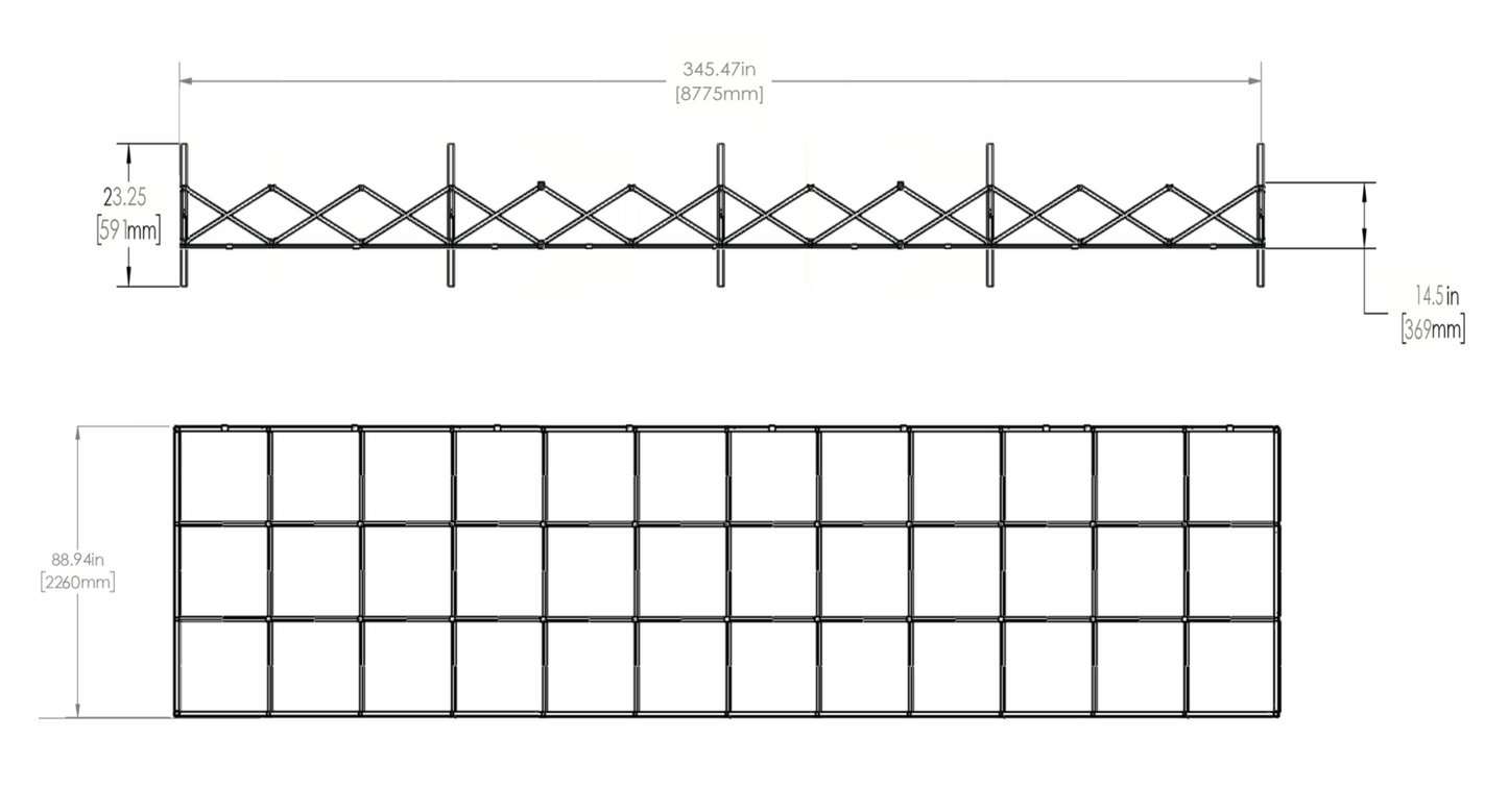 Dimensions - Top & front view of assembled frame