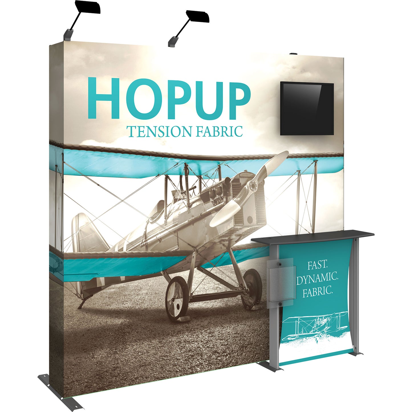 A Hopup™ 3×3 straight pop-up display set up as a 7½′ × 7½′ smooth tension fabric graphic wall with an accessory kit #2, facing right. Perfect for exhibits at trade shows and retail. Graphic with endcaps shown here.