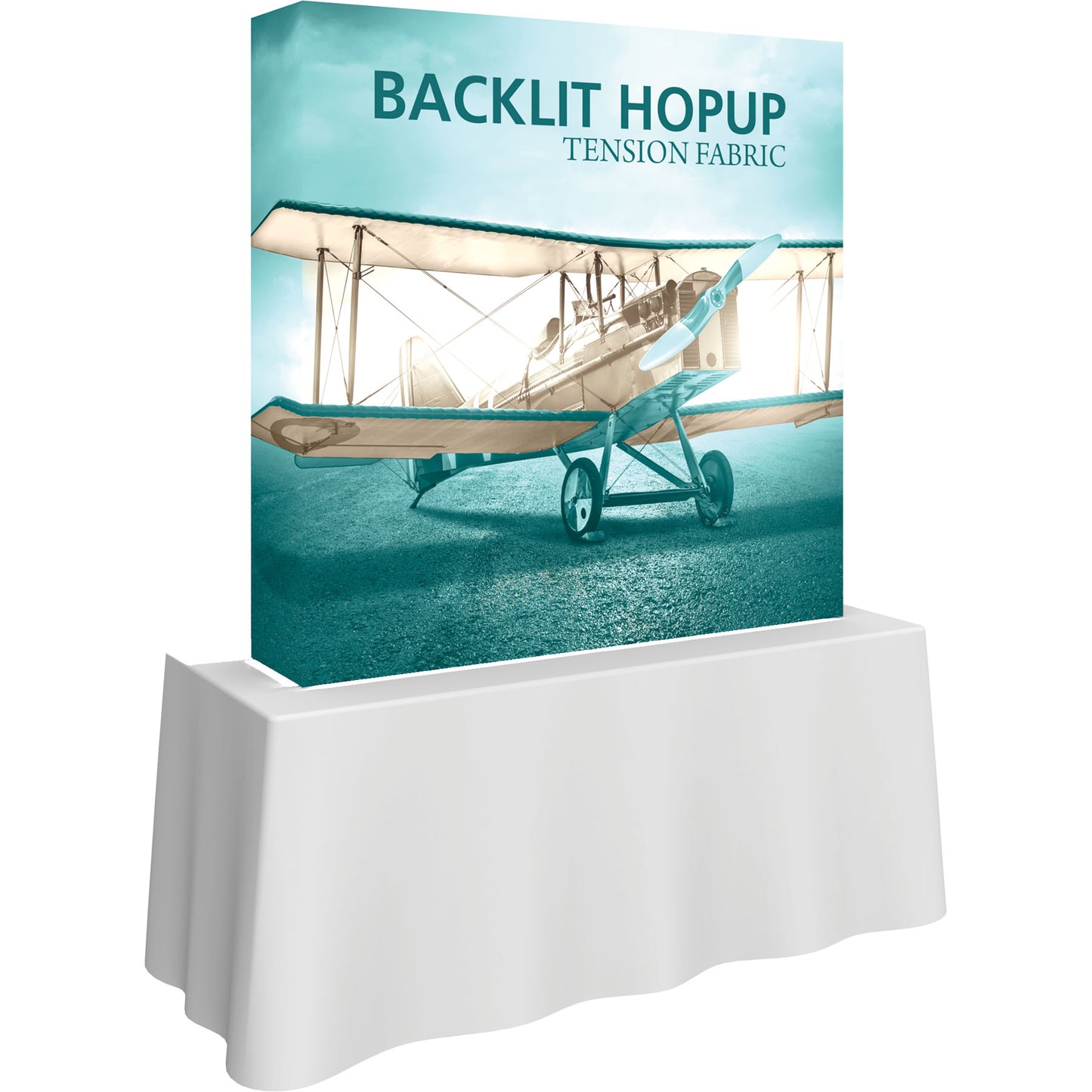 A Hopup™ 2×2 straight pop-up tabletop display set up as a 5′ × 5′ smooth tension fabric graphic with backlighting, facing right. Perfect for advertising at meetings and retail.