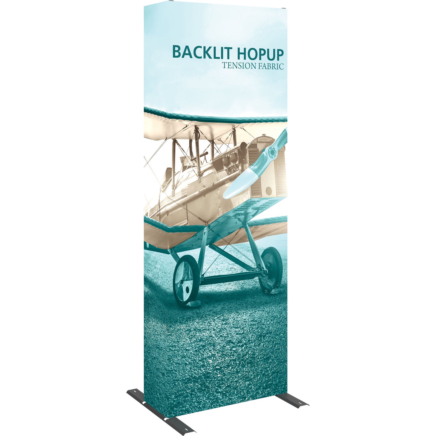 A Hopup™ 1×3 straight pop-up tower display set up as a 2½′ × 7½′ smooth tension fabric graphic column with backlighting, facing right. Perfect for advertising at lobbies and retail.