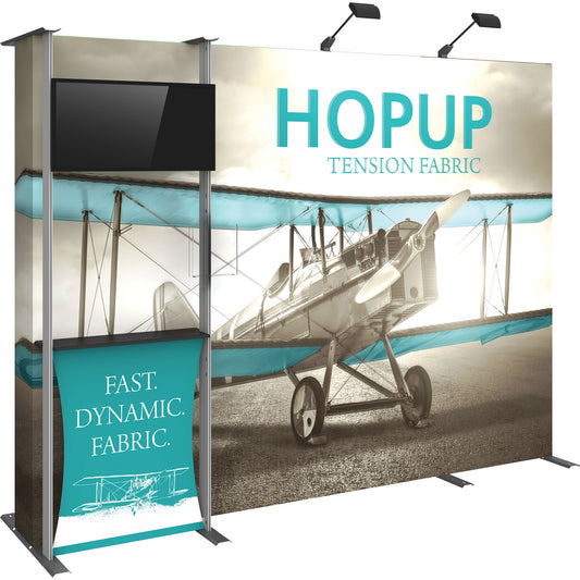 A Hopup™ 4×3 straight pop-up display set up as a 10′ × 7½′ smooth tension fabric graphic wall with an accessory kit #3, facing right. Perfect for exhibits at trade shows and retail.