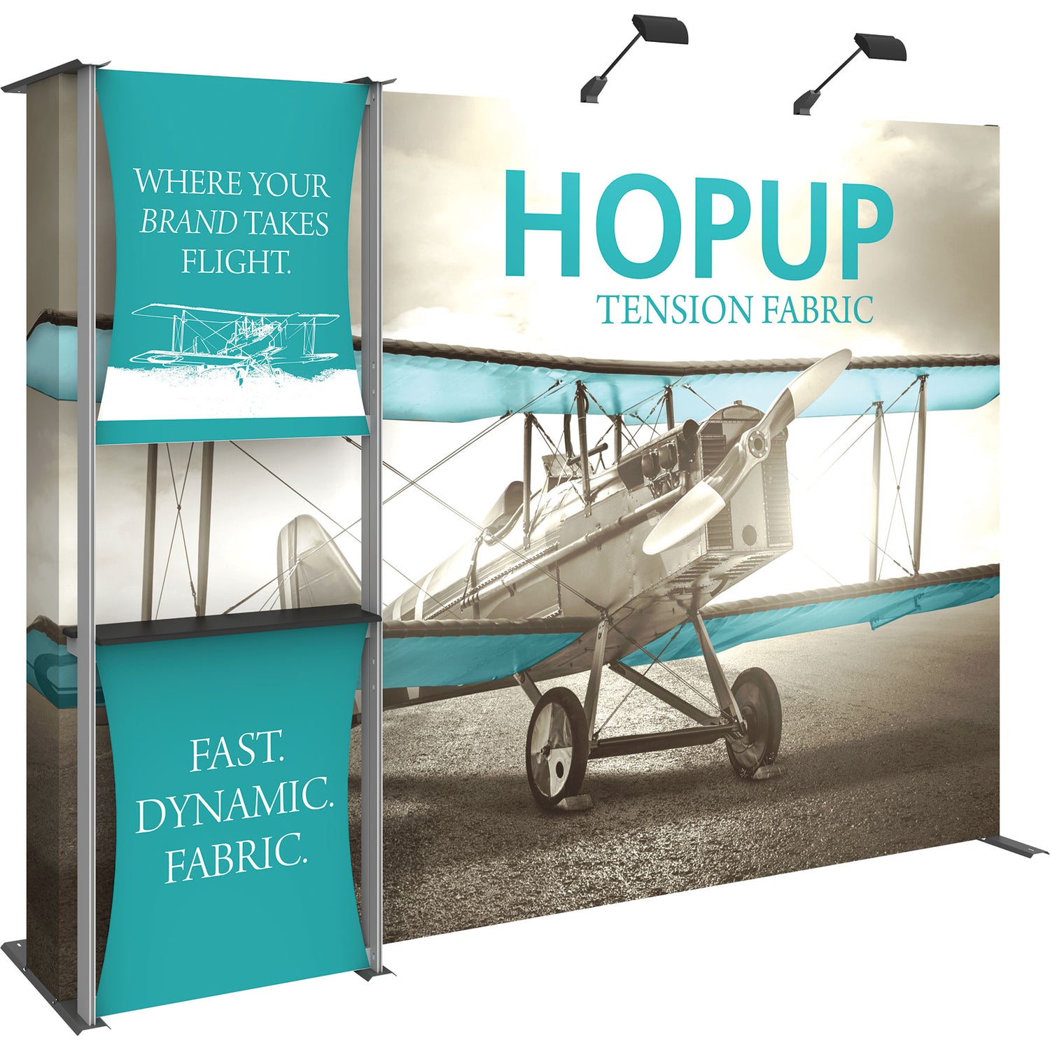 A Hopup™ 4×3 straight pop-up display set up as a 10′ × 7½′ smooth tension fabric graphic wall with an accessory kit #4, facing right. Perfect for exhibits at trade shows and retail.