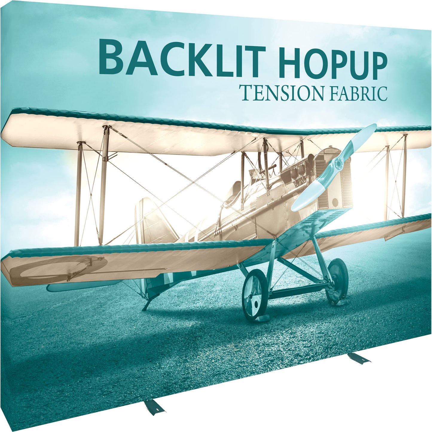 A Hopup™ 4×3 Straight Pop-Up Display set up as a 10′ × 7½′ Smooth Wall Graphic (Backlit) facing right.