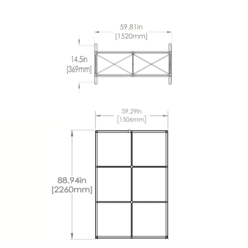 Dimensions - Top & front view of assembled frame