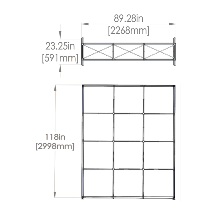 Dimensions - Top & front view of assembled frame