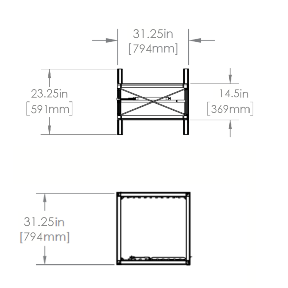 Dimensions - Top & front view of assembled frame