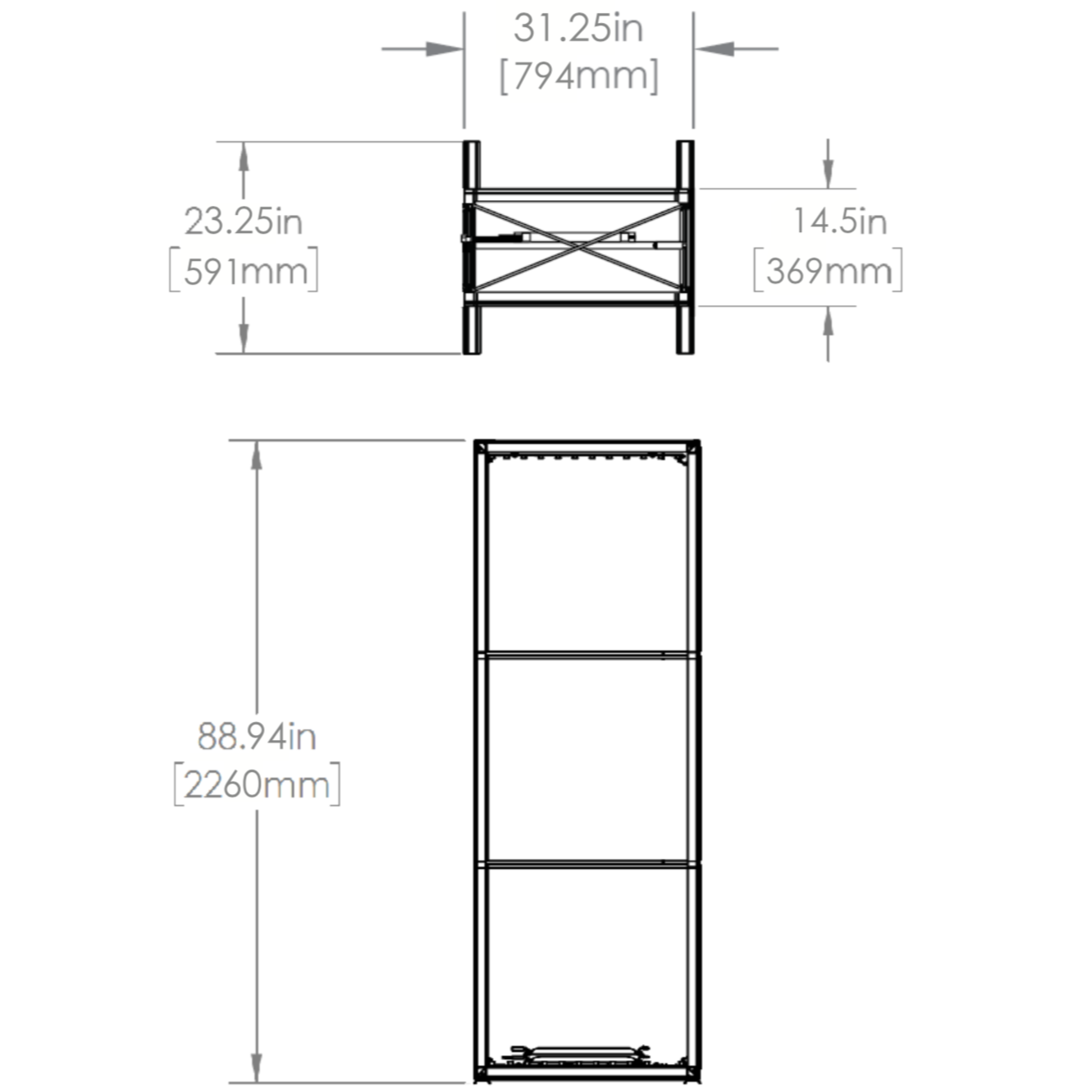 Dimensions - Top & front view of assembled frame