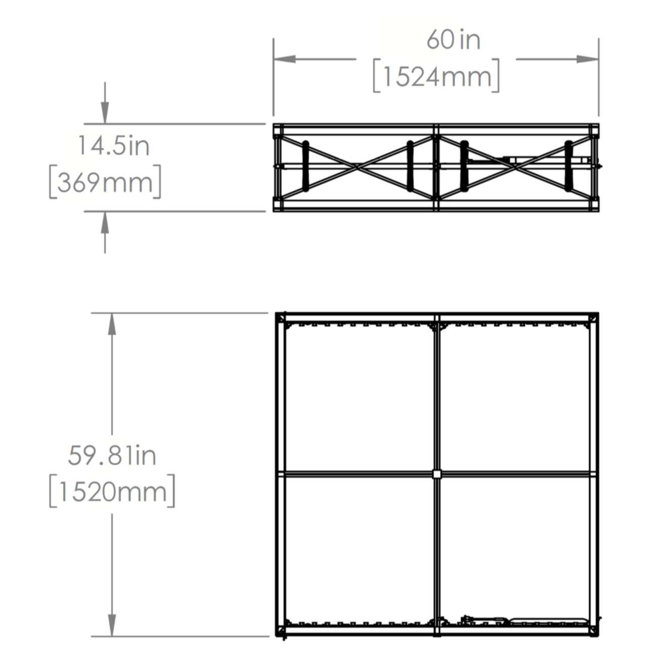 Dimensions - Top & front view of assembled frame