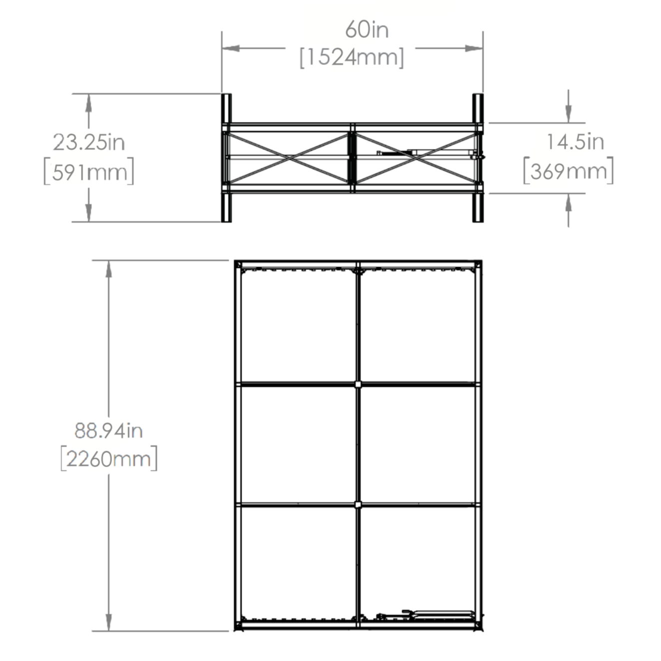 Dimensions - Top & front view of assembled frame