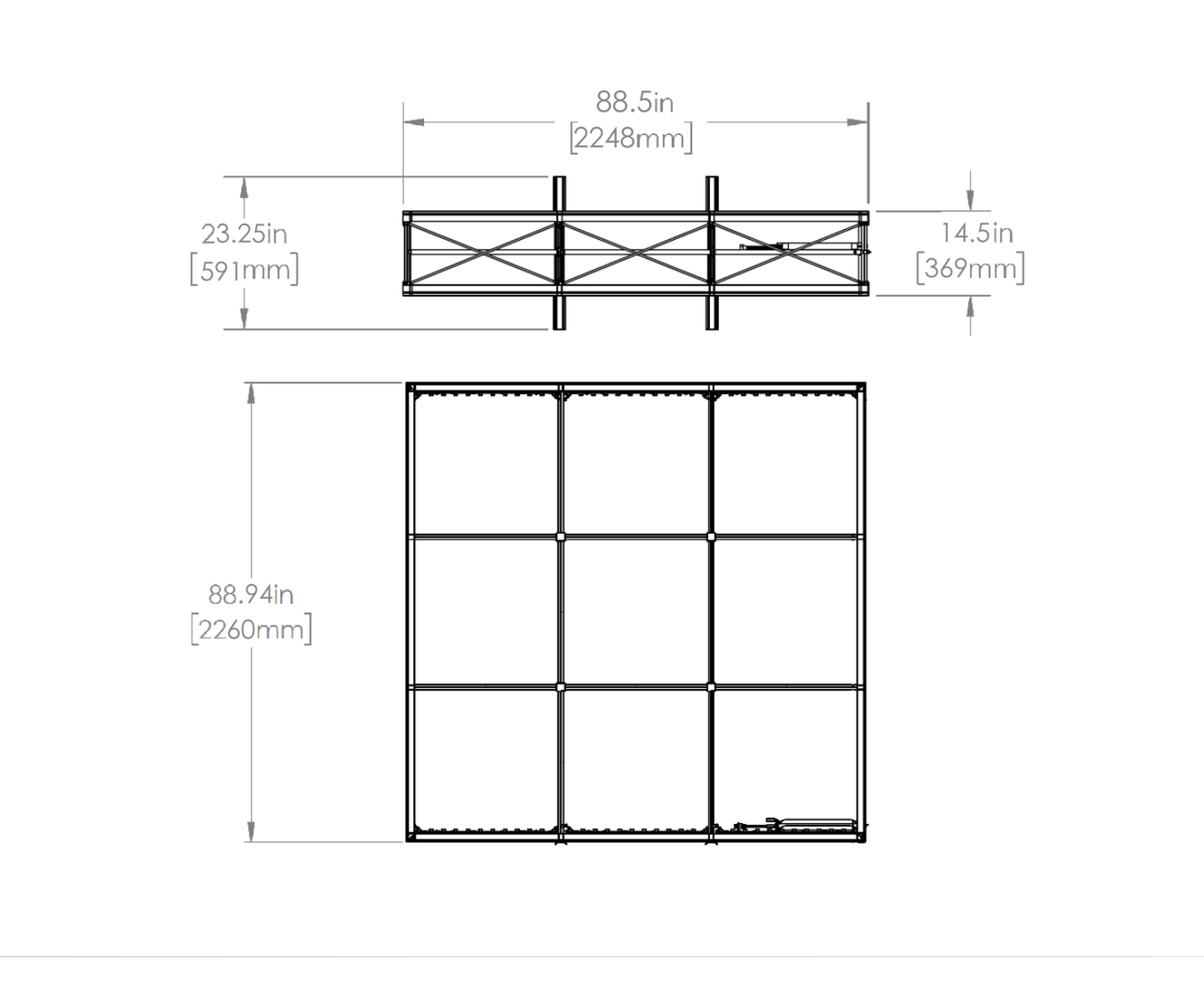 Dimensions - Top & front view of assembled frame