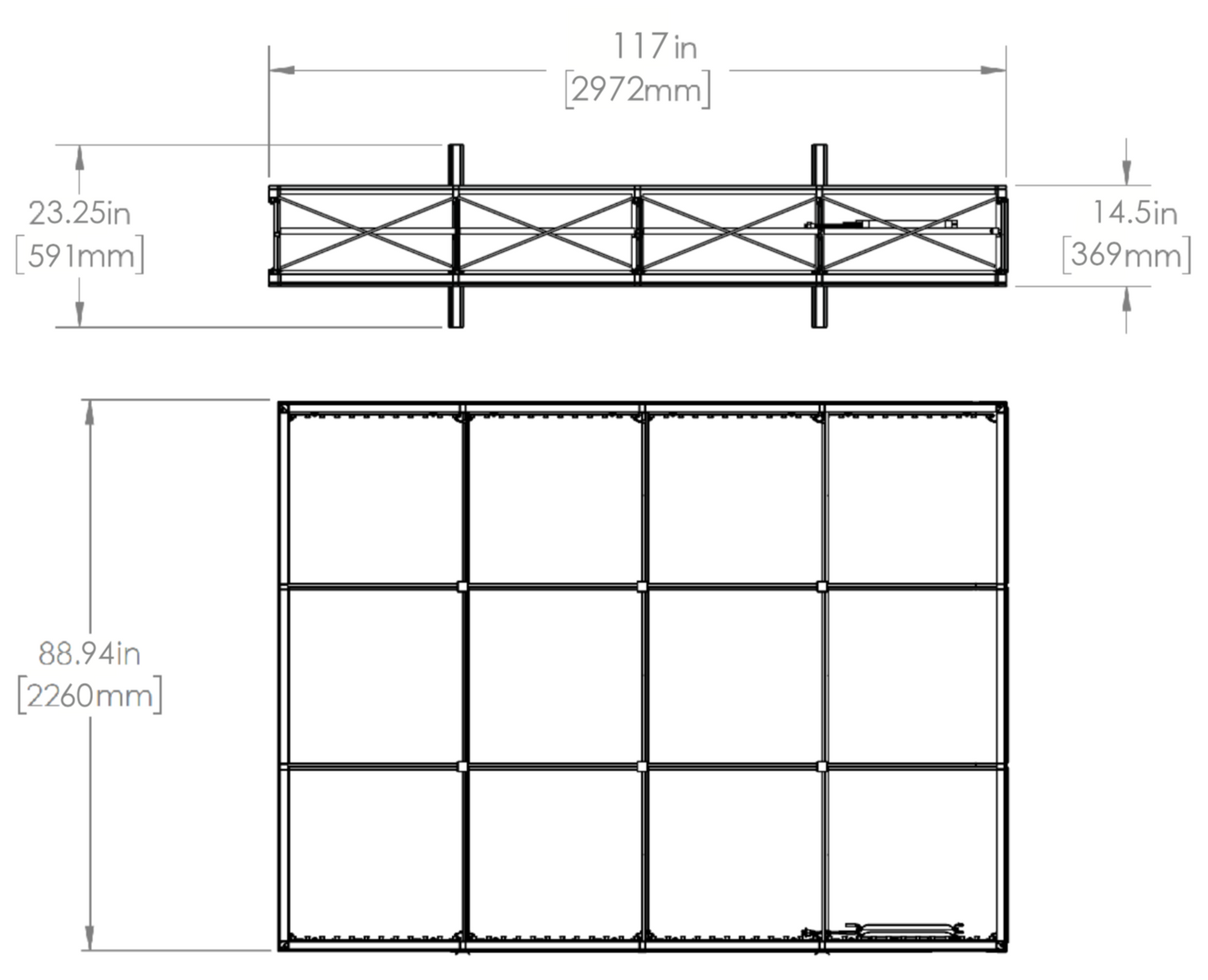 Dimensions - Top & front view of assembled frame