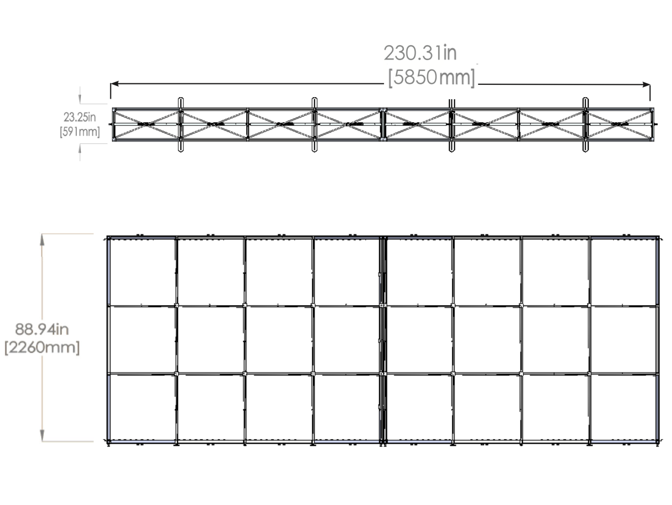 Dimensions - Top & front view of assembled frame