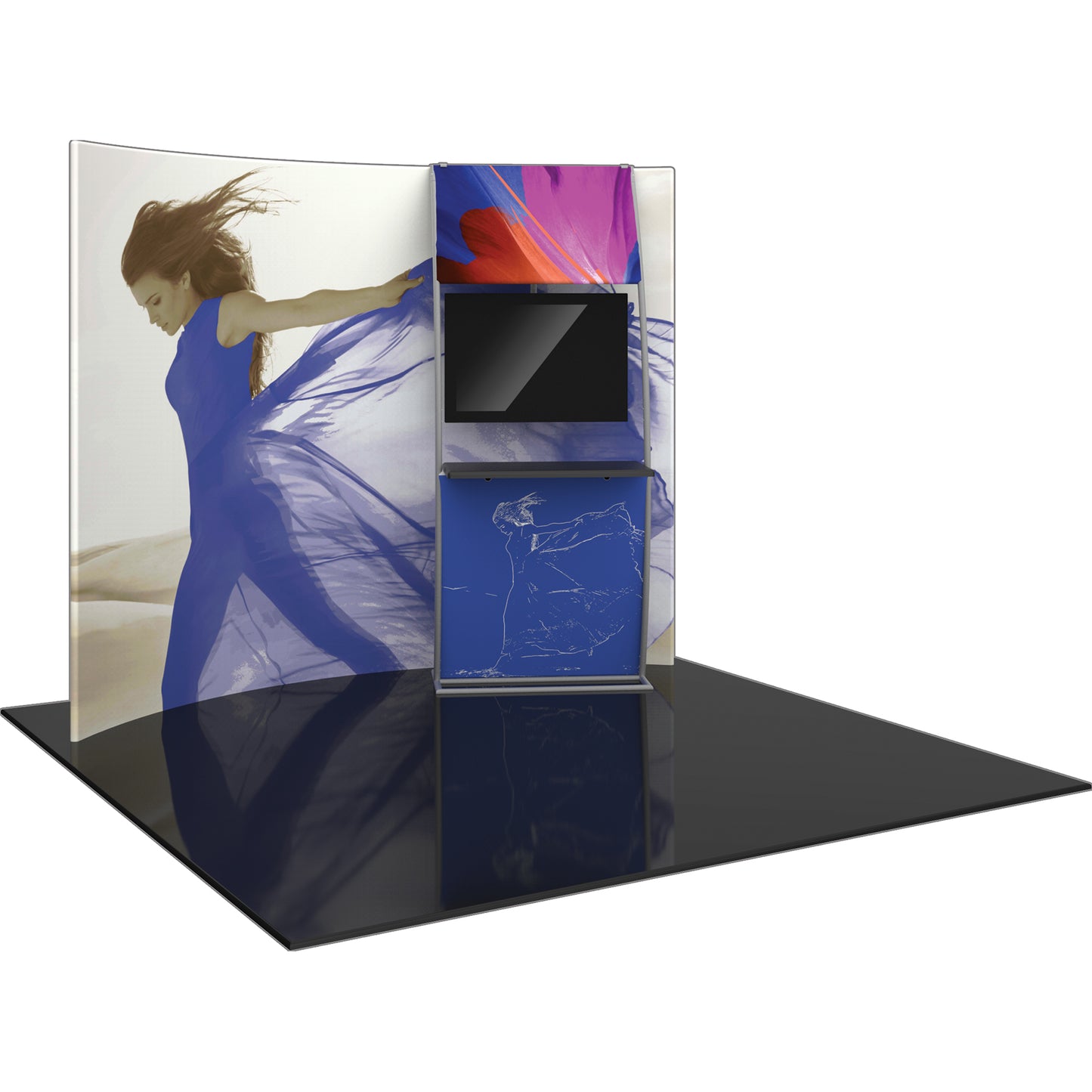 Formulate® Master Tradeshow Backdrop, Curved · 10′ wide, 7½′ tall, with Monitor Accent