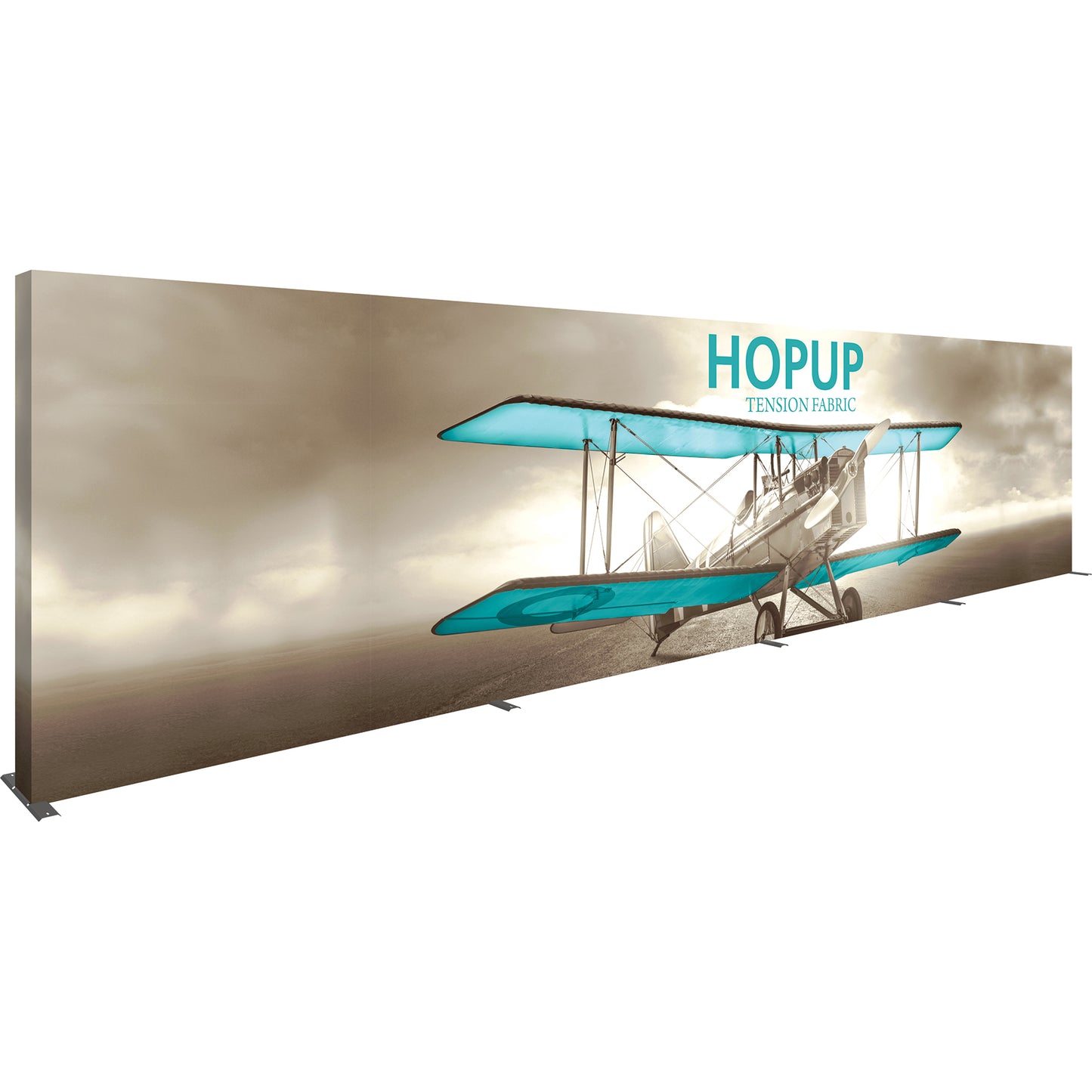 A Hopup™ 12×3 straight pop-up display set up as a 30′ × 7½′ smooth tension fabric wall graphic, facing right. Perfect for exhibits at trade shows and retail.