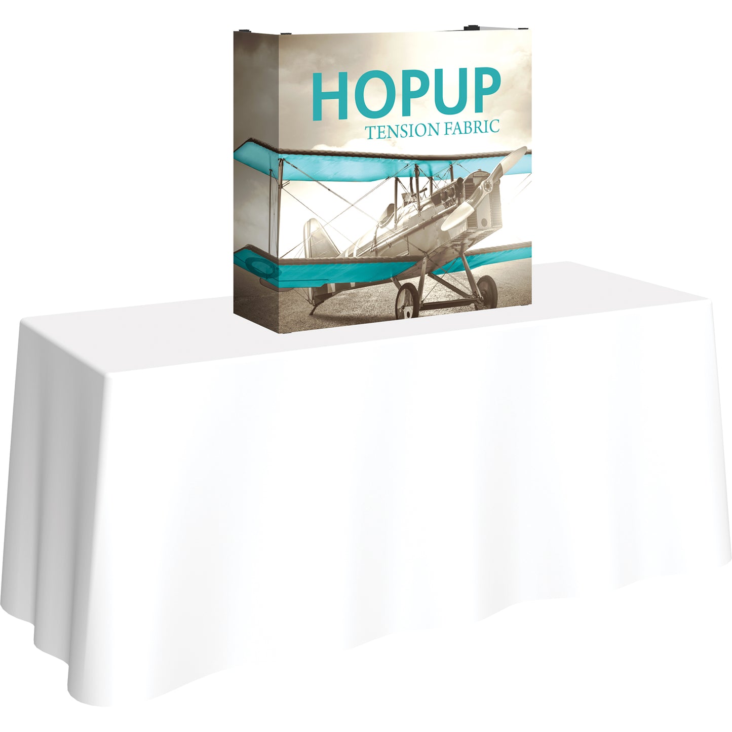 A Hopup™ 1×1 straight pop-up tabletop display set up as a 2½′ × 2½′ smooth tension fabric graphic, facing right. Perfect for advertising at meetings and retail.