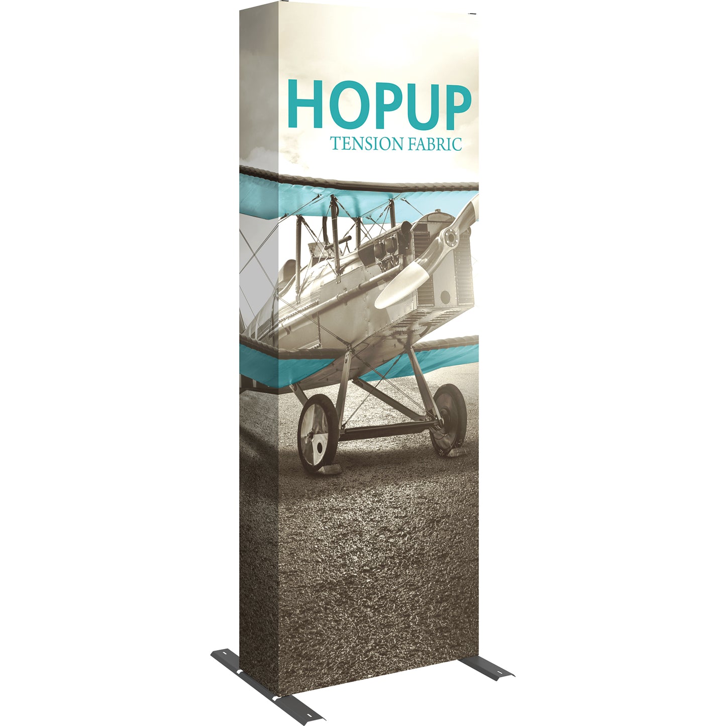 A Hopup™ 1×3 straight pop-up tower display set up as a 2½′ × 7½′ smooth tension fabric graphic column, facing right. Perfect for advertising at lobbies and retail.