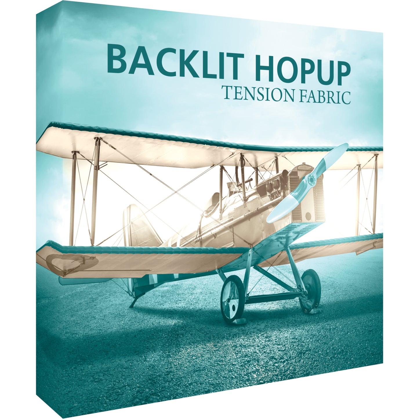 A Hopup™ 2×2 straight pop-up tabletop display set up as a 5′ × 5′ smooth tension fabric graphic with backlighting, facing right. Perfect for advertising at meetings and retail.