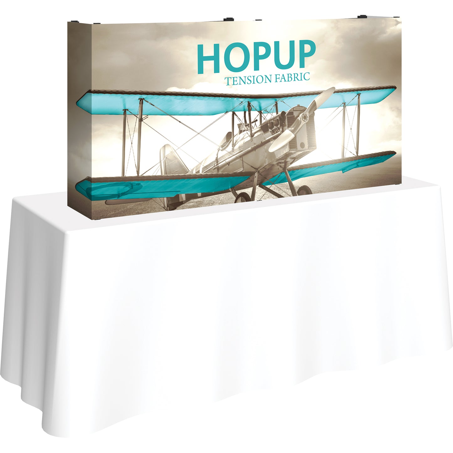 A Hopup™ 2×1 straight pop-up tabletop display set up as a 5½′ × 2½′ smooth tension fabric graphic, facing right. Perfect for advertising at meetings and retail.