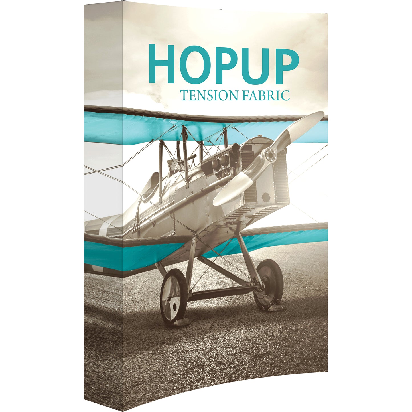 A Hopup™ 2×3 curved pop-up display set up as a 5½′ × 7½′ smooth tension fabric graphic wall, facing right. Perfect for exhibits at trade shows and retail.