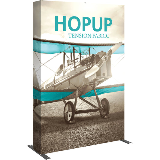 A Hopup™ 2×3 straight pop-up display set up as a 5′ × 7½′ smooth tension fabric graphic wall, facing right. Perfect for exhibits at trade shows and retail.