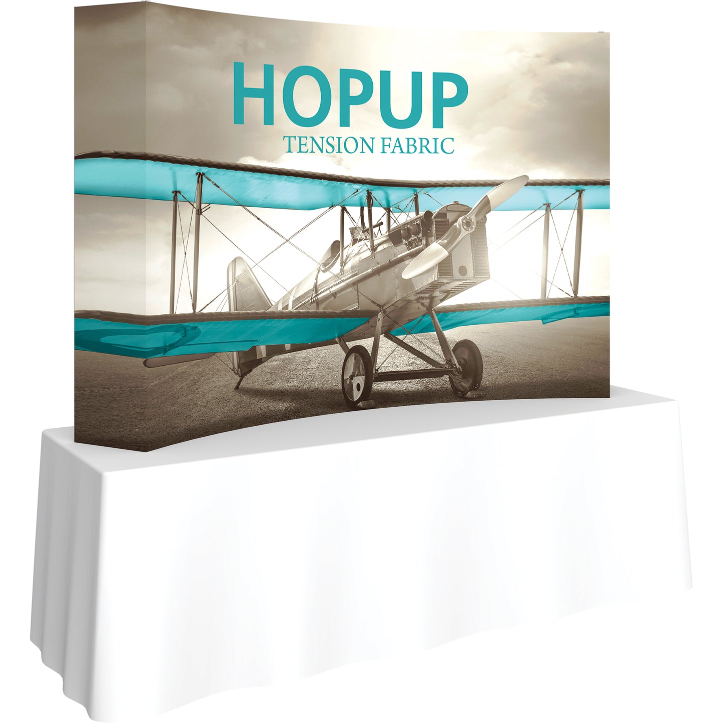 A Hopup™ 3×2 curved pop-up tabletop display set up as a 7½′ × 5′ smooth tension fabric graphic, facing right. Perfect for advertising at meetings and retail.