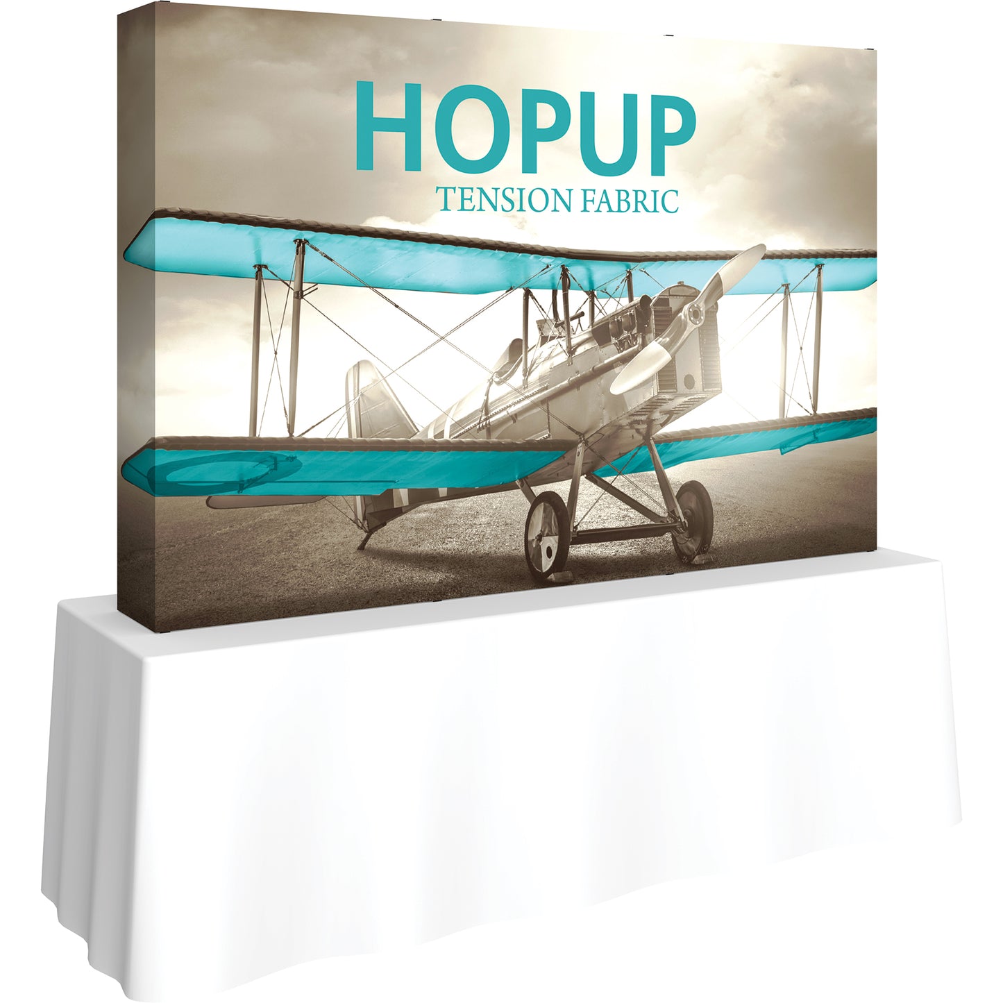 A Hopup™ 3×2 straight pop-up tabletop display set up as a 7½′ × 5′ smooth tension fabric graphic, facing right. Perfect for advertising at meetings and retail.