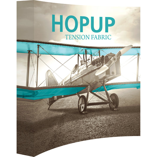 A Hopup™ 3×3 curved pop-up display set up as a 7½′ × 7½′ smooth tension fabric graphic wall, facing right. Perfect for exhibits at trade shows and retail.