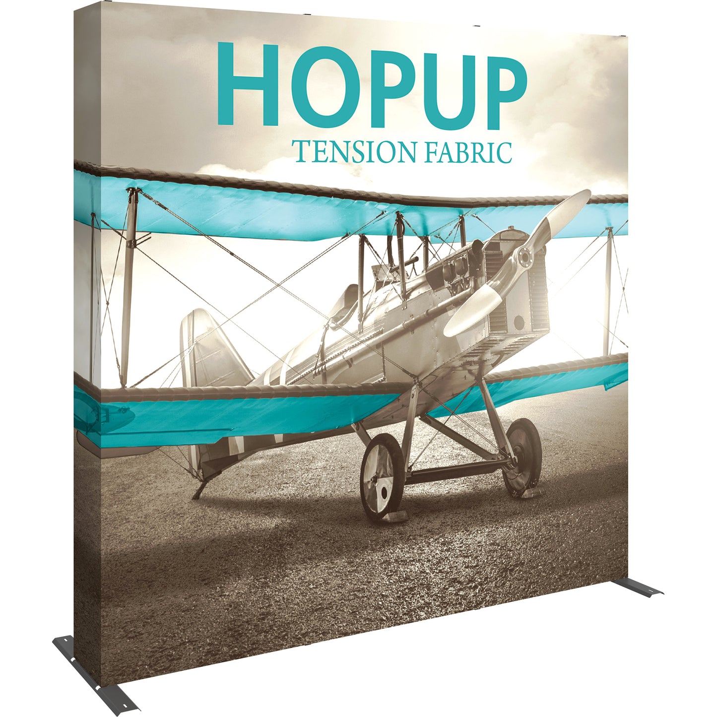 A Hopup™ 3×3 straight pop-up display set up as a 7½′ × 7½′ smooth tension fabric wall graphic, facing right. Perfect for exhibits at trade shows and retail.