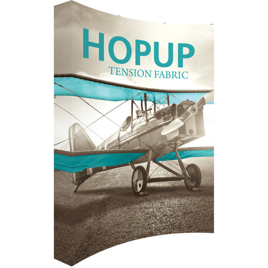 A Hopup™ 3×4 curved pop-up display set up as a 7½′ × 10′ smooth tension fabric graphic wall, facing right. Perfect for exhibits at trade shows and retail.