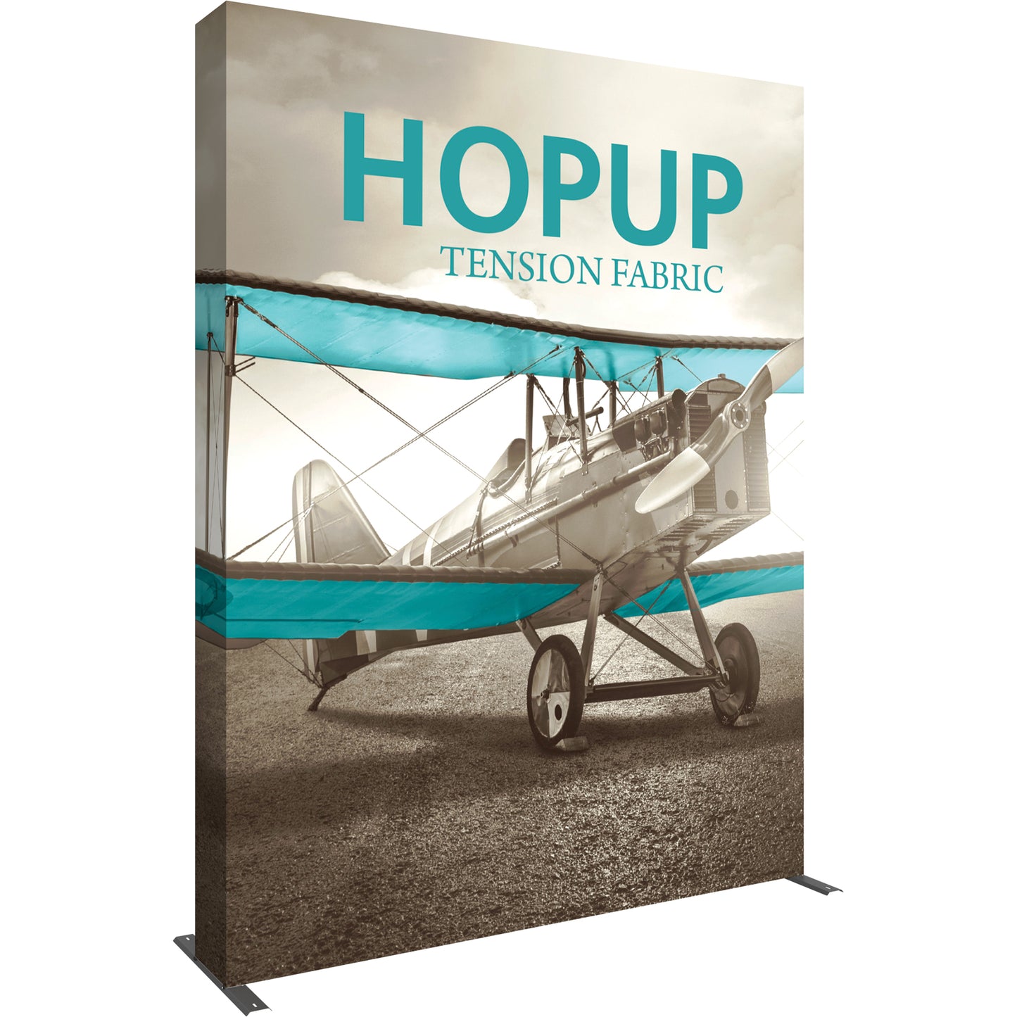 A Hopup™ 3×4 straight pop-up display set up as a 7½′ × 10′ smooth tension fabric graphic wall, facing right. Perfect for exhibits at trade shows and retail.