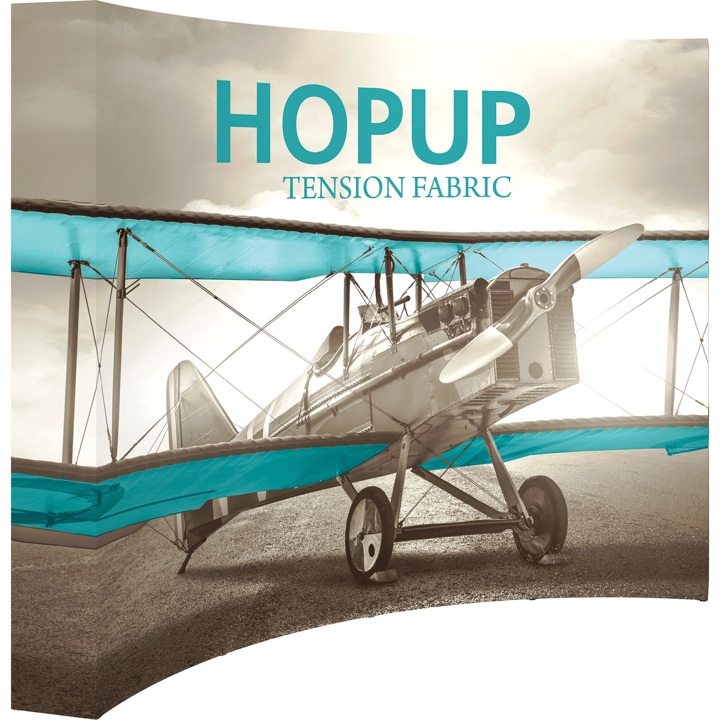 A Hopup™ 4×3 curved pop-up display set up as a 10′ × 7½′ smooth tension fabric wall graphic, facing right. Perfect for exhibits at trade shows and retail.