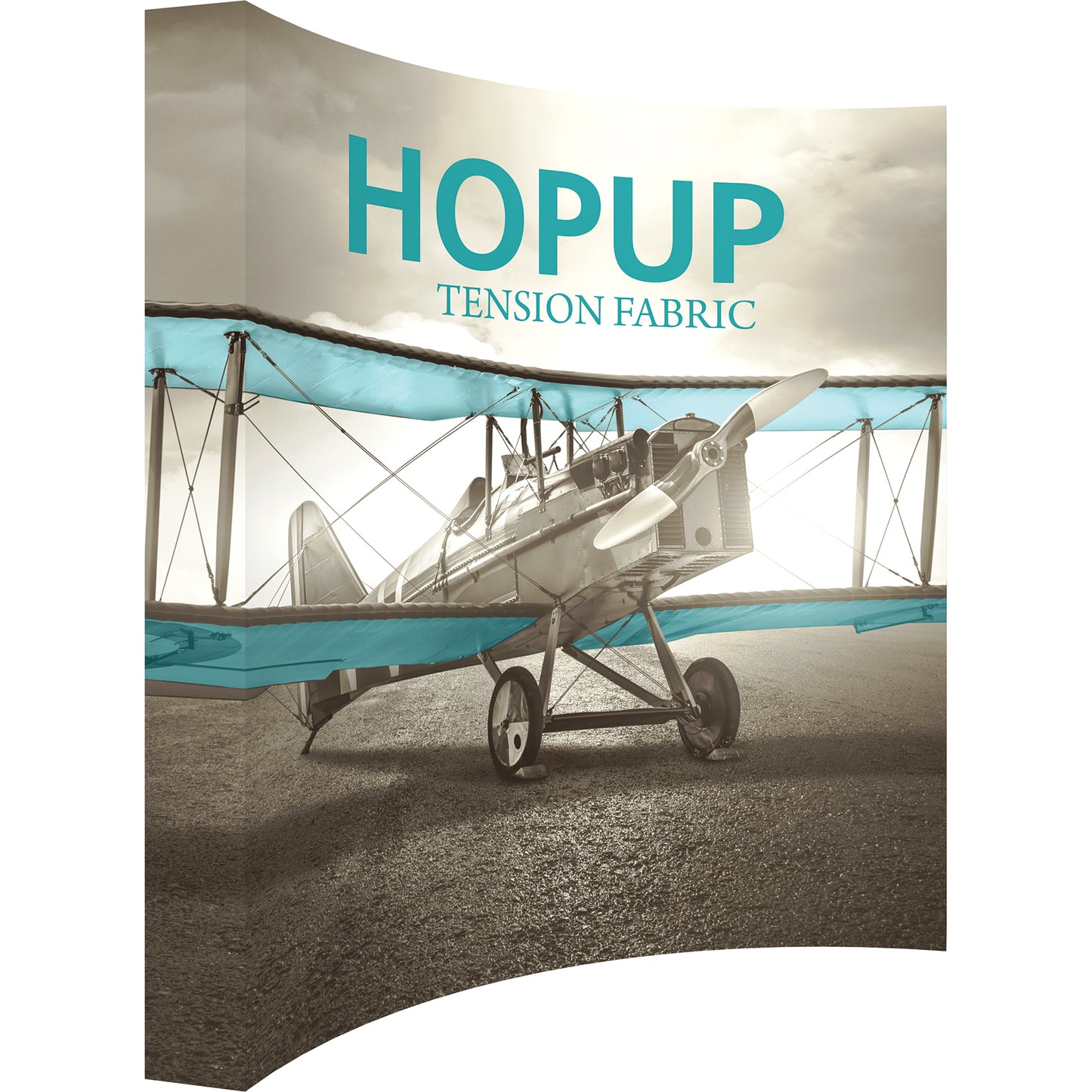 A Hopup™ 4×4 curved pop-up display set up as a 10′ × 10′ smooth tension fabric graphic wall, facing right. Perfect for exhibits at trade shows and retail.