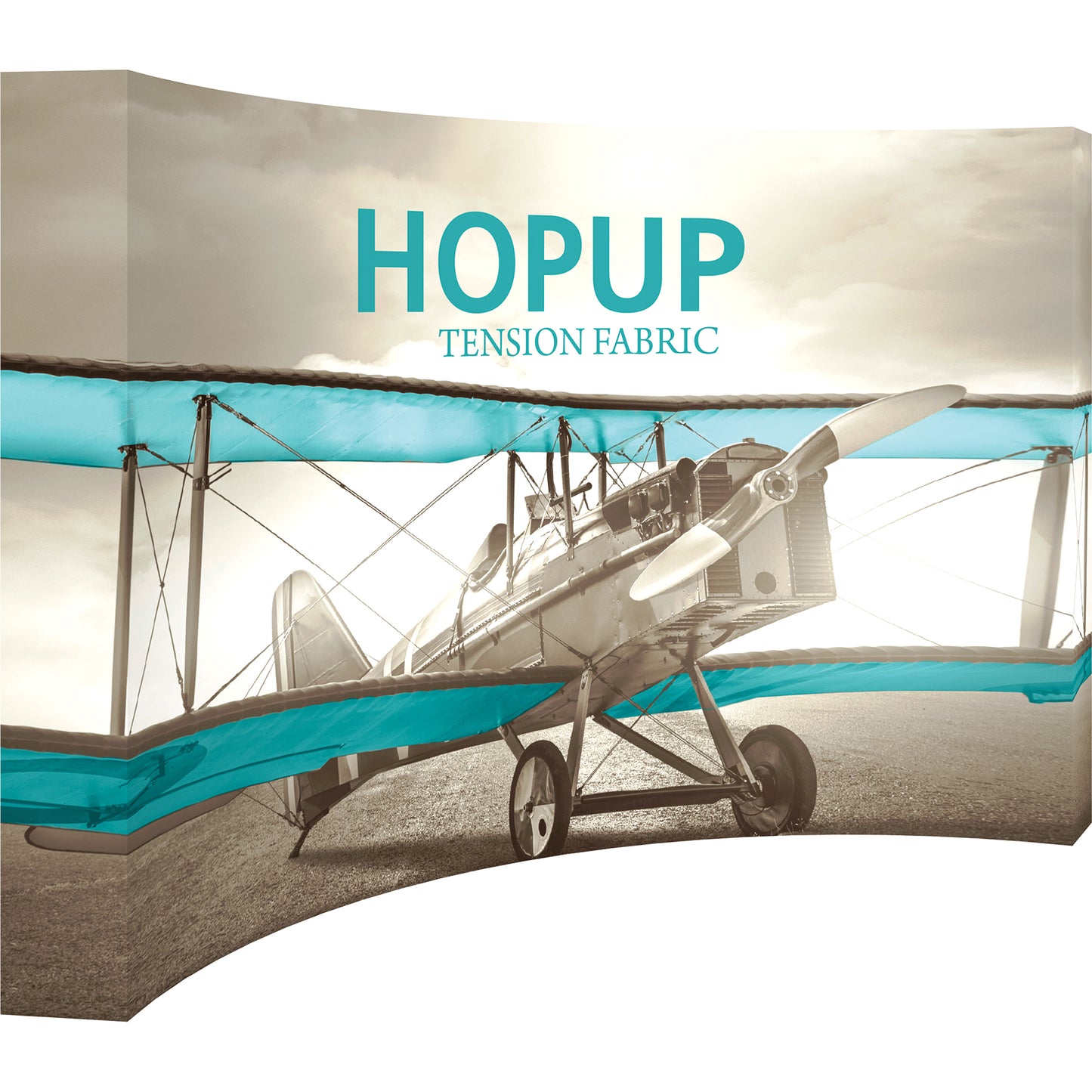 A Hopup™ 5×3 curved pop-up display set up as a 11½′ × 7½′ smooth tension fabric graphic wall, facing right. Perfect for exhibits at trade shows and retail.