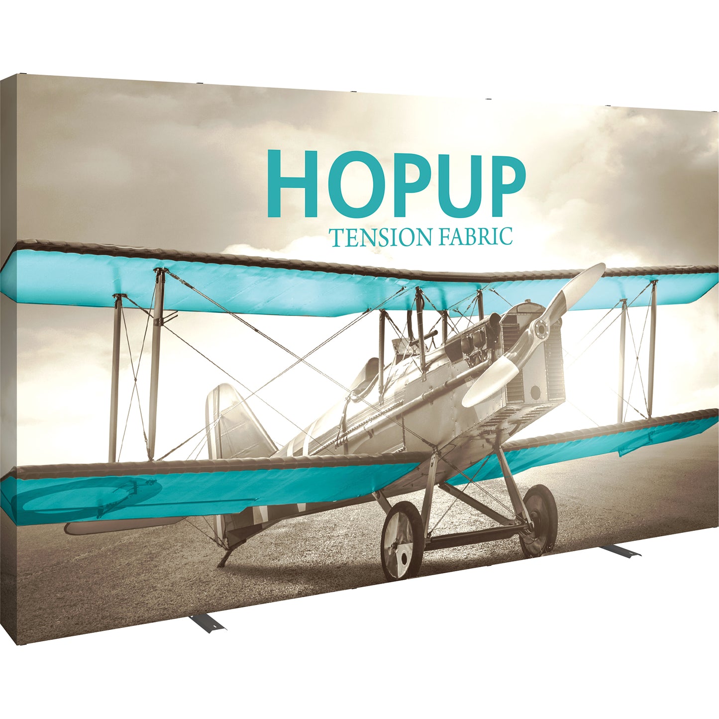 A Hopup™ 5×3 straight pop-up display set up as a 12½′ × 7½′ smooth tension fabric wall graphic, facing right. Perfect for exhibits at trade shows and retail.