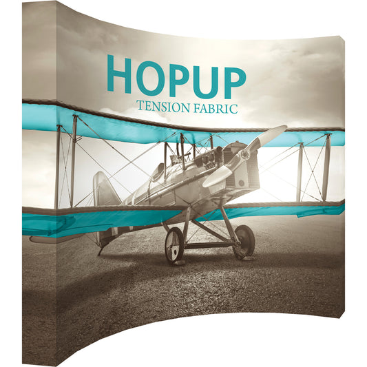 A Hopup™ 5×4 curved pop-up display set up as a 12½′ × 10′ smooth tension fabric graphic wall, facing right. Perfect for exhibits at trade shows and retail.