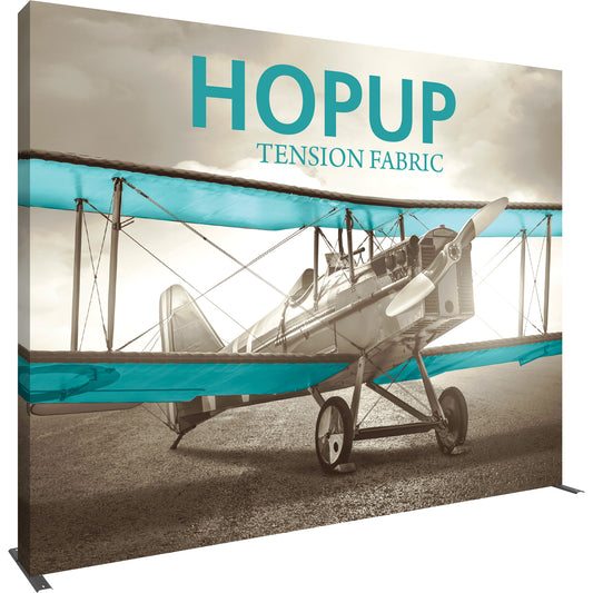 A Hopup™ 5×4 straight pop-up display set up as a 12½′ × 10′ smooth tension fabric graphic wall, facing right. Perfect for exhibits at trade shows and retail.