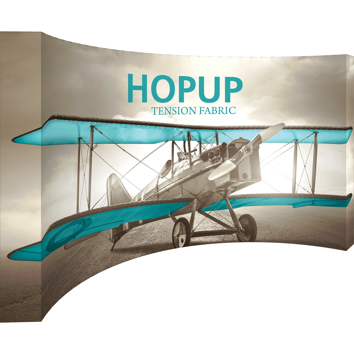 A Hopup™ 6×3 curved pop-up display set up as a 13′ × 7½′ smooth tension fabric graphic wall, facing right. Perfect for exhibits at trade shows and retail.