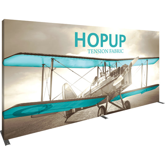 A Hopup™ 6×3 straight pop-up display set up as a 15′ × 7½′ smooth tension fabric wall graphic, facing right. Perfect for exhibits at trade shows and retail.