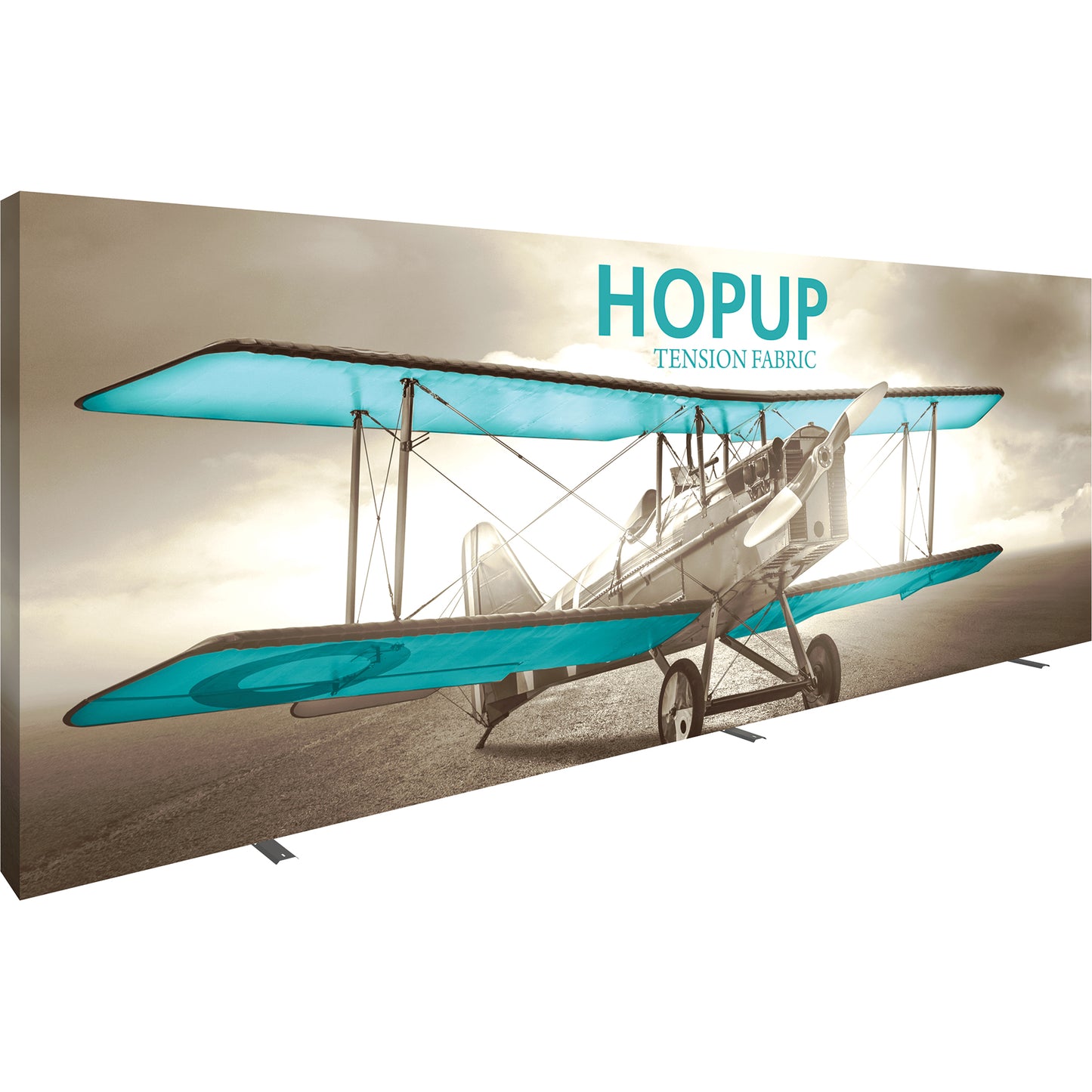 A Hopup™ 8×3 straight pop-up display set up as a 20′ × 7½′ smooth tension fabric graphic wall, facing right. Perfect for exhibits at trade shows and retail.