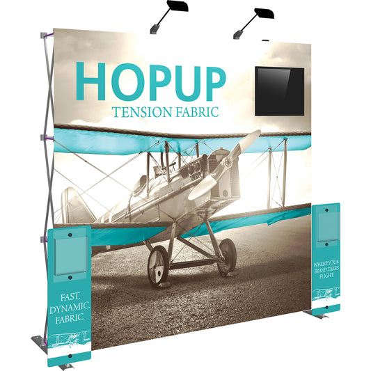 A Hopup™ 3×3 straight pop-up display set up as a 7½′ × 7½′ smooth tension fabric graphic wall with an accessory kit #1, facing right. Perfect for exhibits at trade shows and retail. Graphic without endcaps shown here.