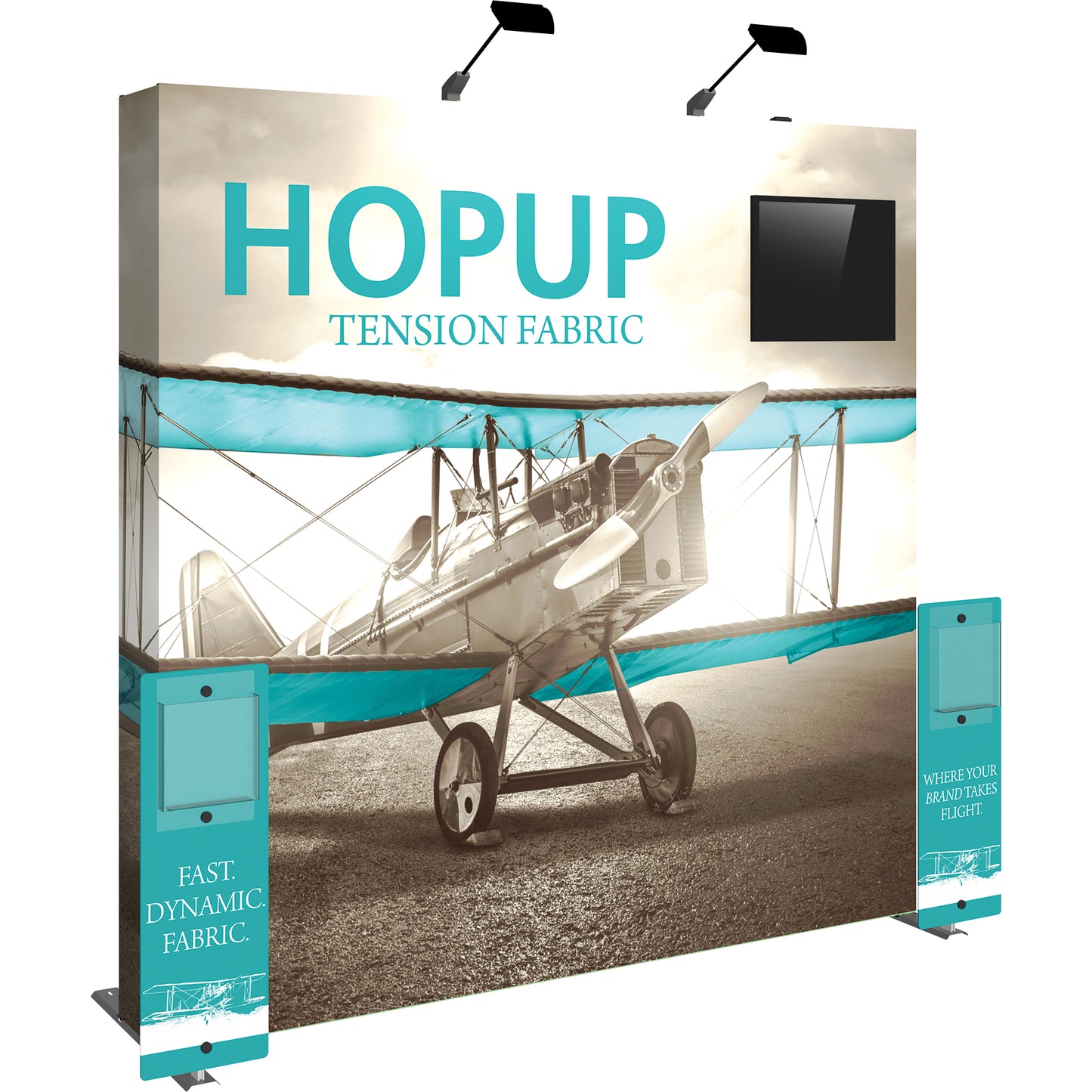 A Hopup™ 3×3 straight pop-up display set up as a 7½′ × 7½′ smooth tension fabric graphic wall with an accessory kit #1, facing right. Perfect for exhibits at trade shows and retail. Graphic with endcaps shown here.