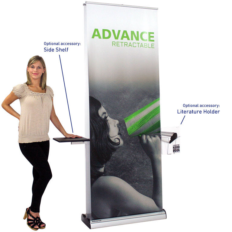 The Advance™ Retractable Banner Stand with a side shelf and literature holder accessory. - Epic Displays