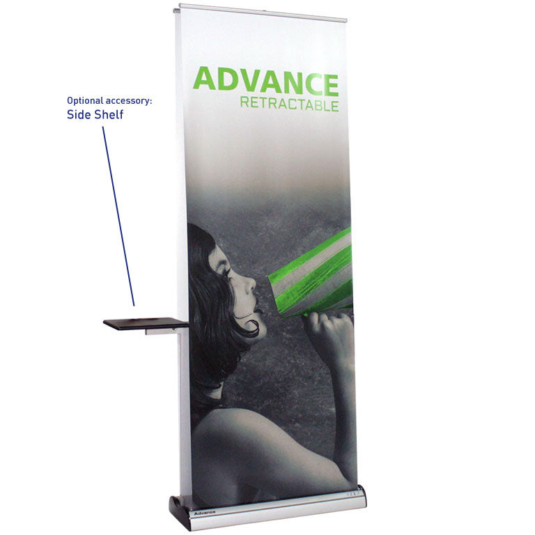 The Advance™ Retractable Banner Stand with a side shelf accessory. - Epic Displays