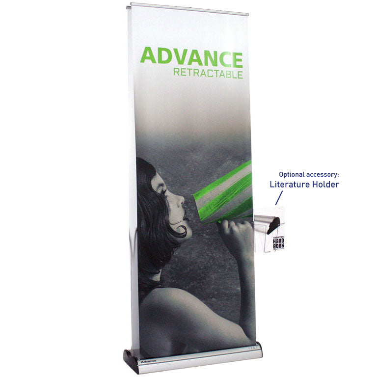 The Advance™ Retractable Banner Stand with a literature holder accessory. - Epic Displays