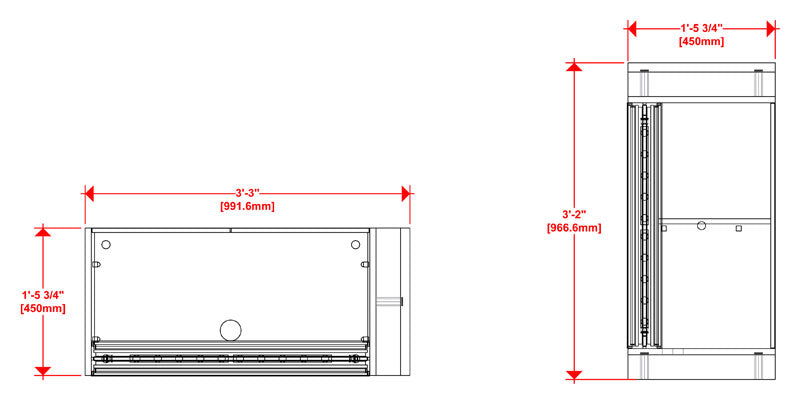 Top and side line drawings of the Hybrid Pro™ Modular Counter 01 with dimensions.