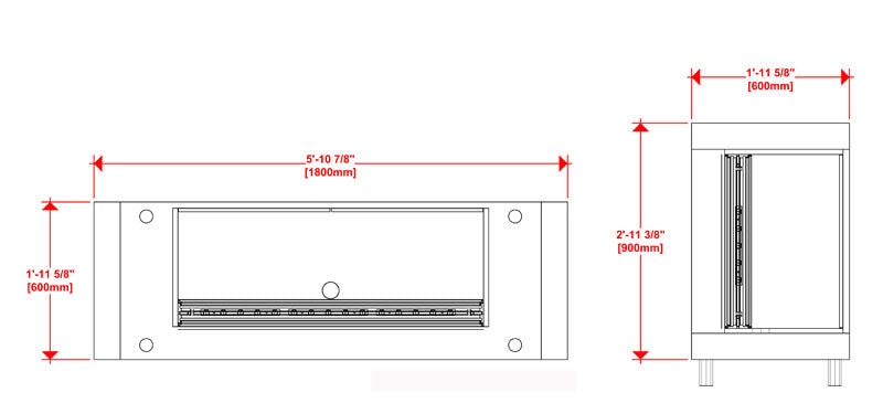 Top and side line drawings of the Hybrid Pro™ Modular Counter 02 with dimensions.