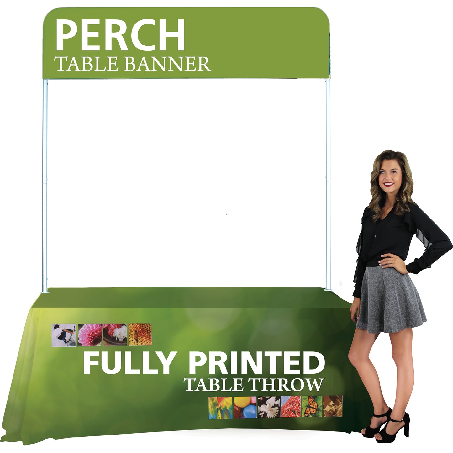 Short Perch™ 6' Table Banner shown with 6' Premium Dye Sub Table Throw (sold separately).