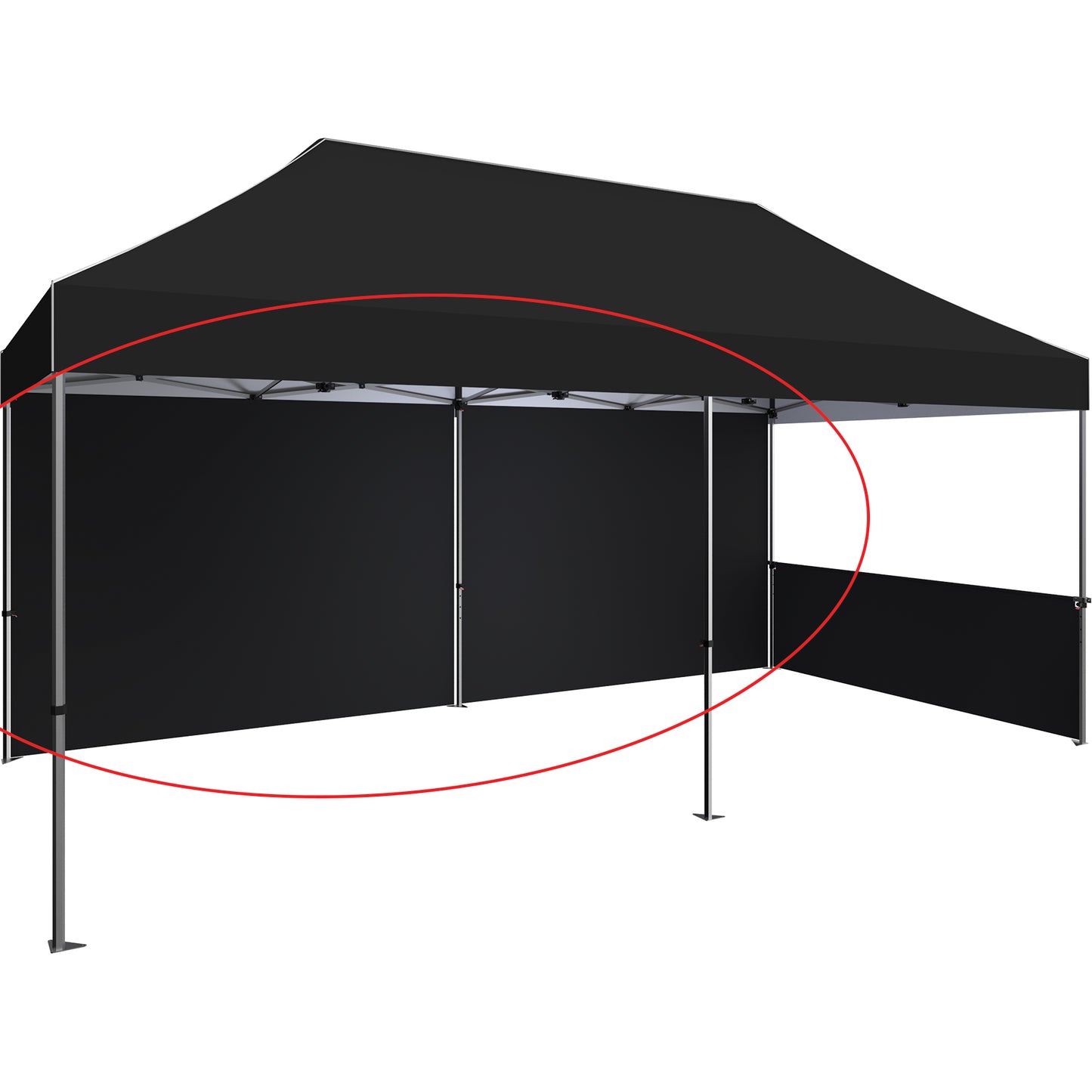 Two 114" Tent Full Walls Make a Full 20' Wall. Shown on 20' Standard Tent With Black Canopy & Right-Side Half Wall (All Sold Separately).