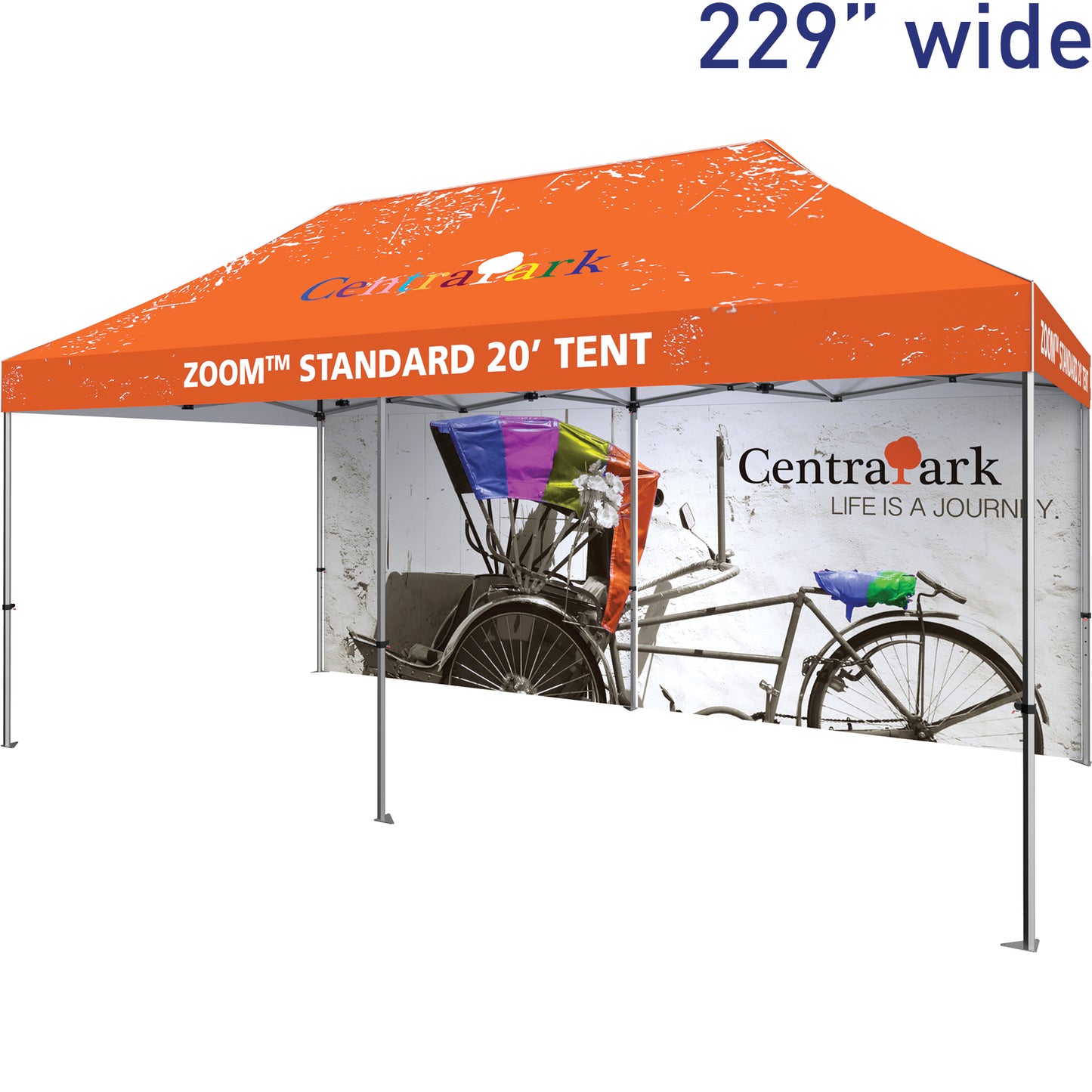 Two 114" Tent Full Walls Make a Full 20' Wall. Shown on 20' Standard Tent With Custom-Printed Canopy (Both Sold Separately).